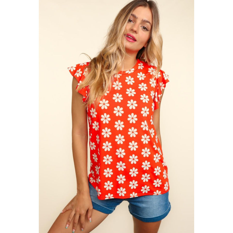 Haptics Round Neck Ruffled Floral Contrast Knit Top Apparel and Accessories