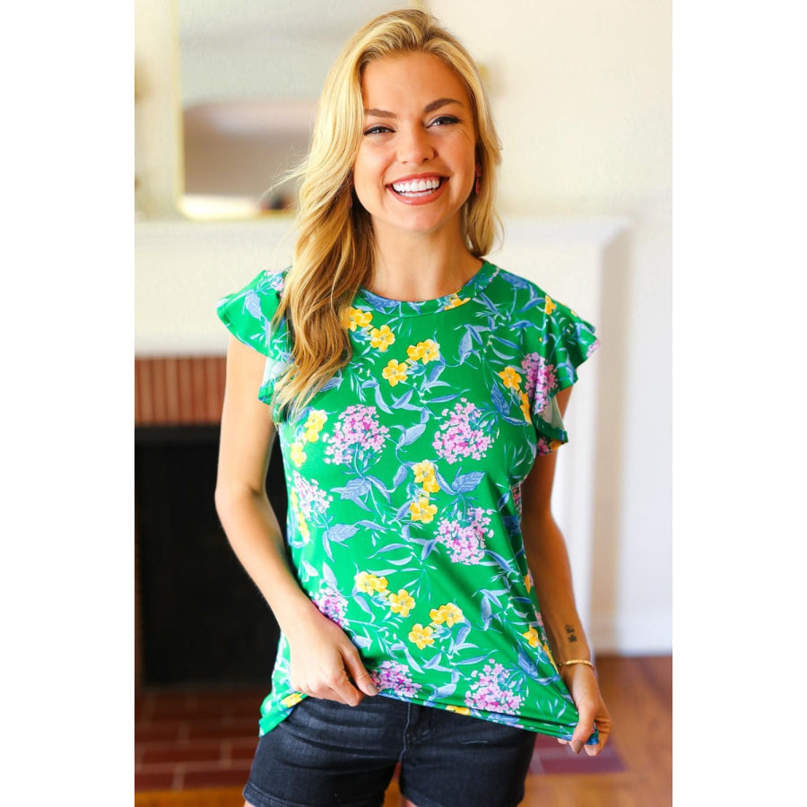 Haptics Round Neck Ruffled Floral Knit Top Green / S Apparel and Accessories