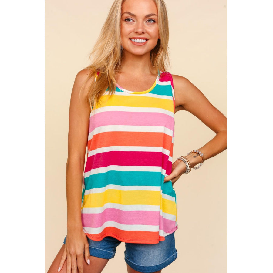 Haptics Round Neck Striped Knit Tank Fuchsia/Emerald/Yellow / S Apparel and Accessories