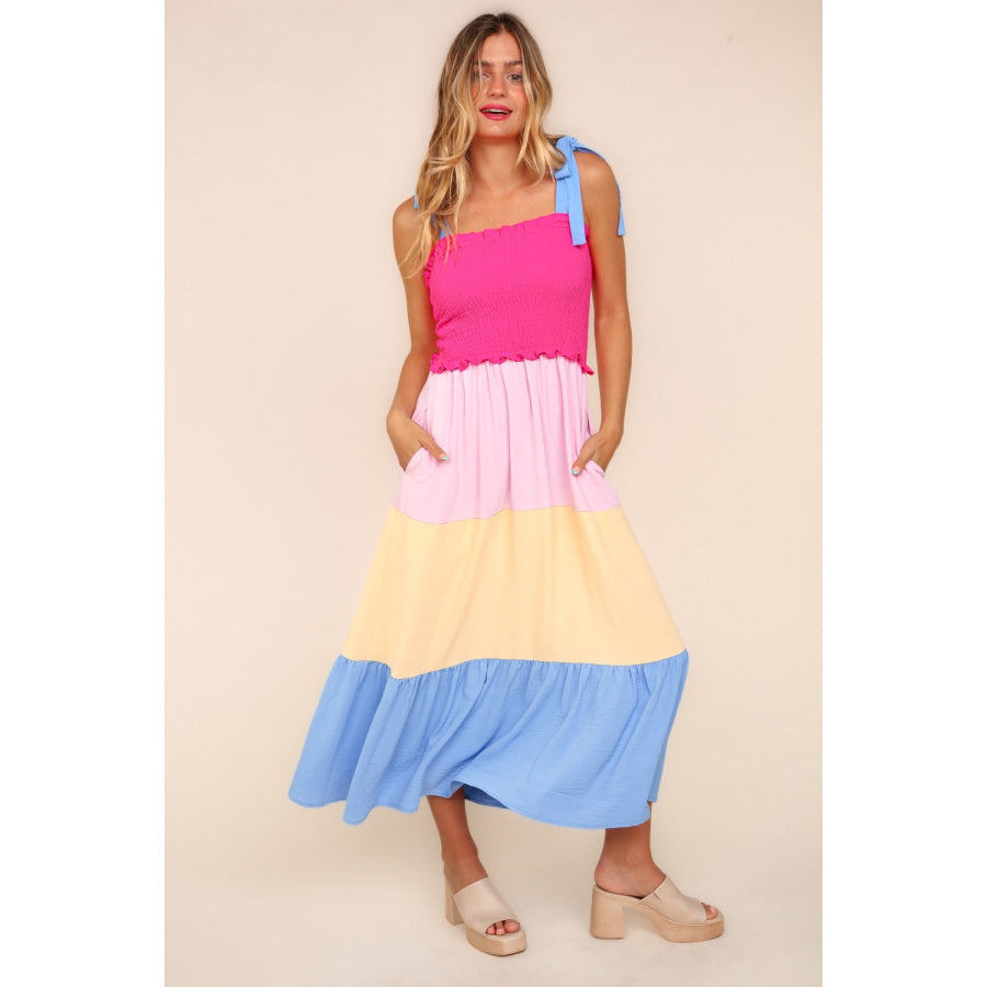 Haptics Smocked Color Block Tiered Cami Dress Hot Pink/Cream/Blue / S Apparel and Accessories