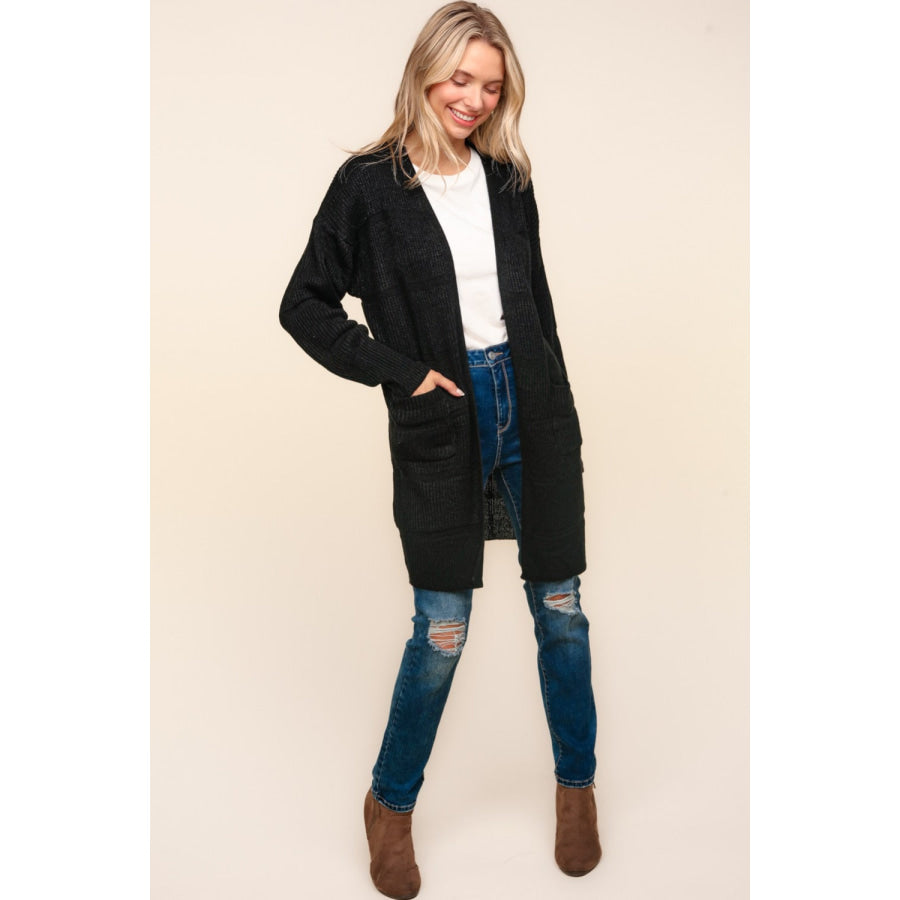 Haptics Stripe Textured Open Front Cardigan with Pockets Apparel and Accessories