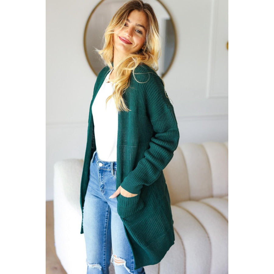 Haptics Stripe Textured Open Front Cardigan with Pockets Hunter Green / S Apparel and Accessories