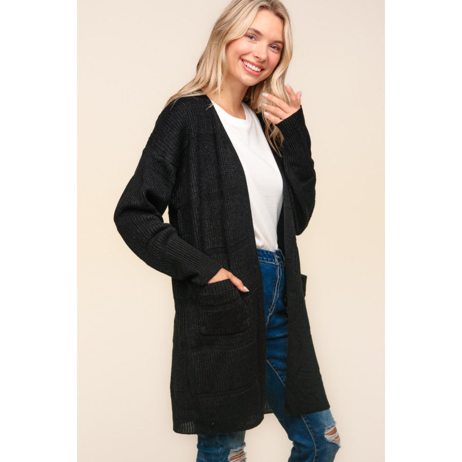 Haptics Stripe Textured Open Front Cardigan with Pockets Apparel and Accessories