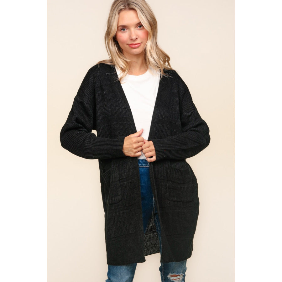 Haptics Stripe Textured Open Front Cardigan with Pockets Black / S Apparel and Accessories