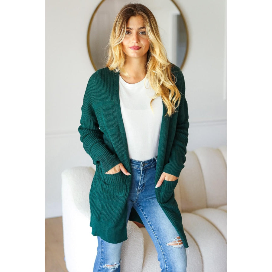 Haptics Stripe Textured Open Front Cardigan with Pockets Hunter Green / S Apparel and Accessories