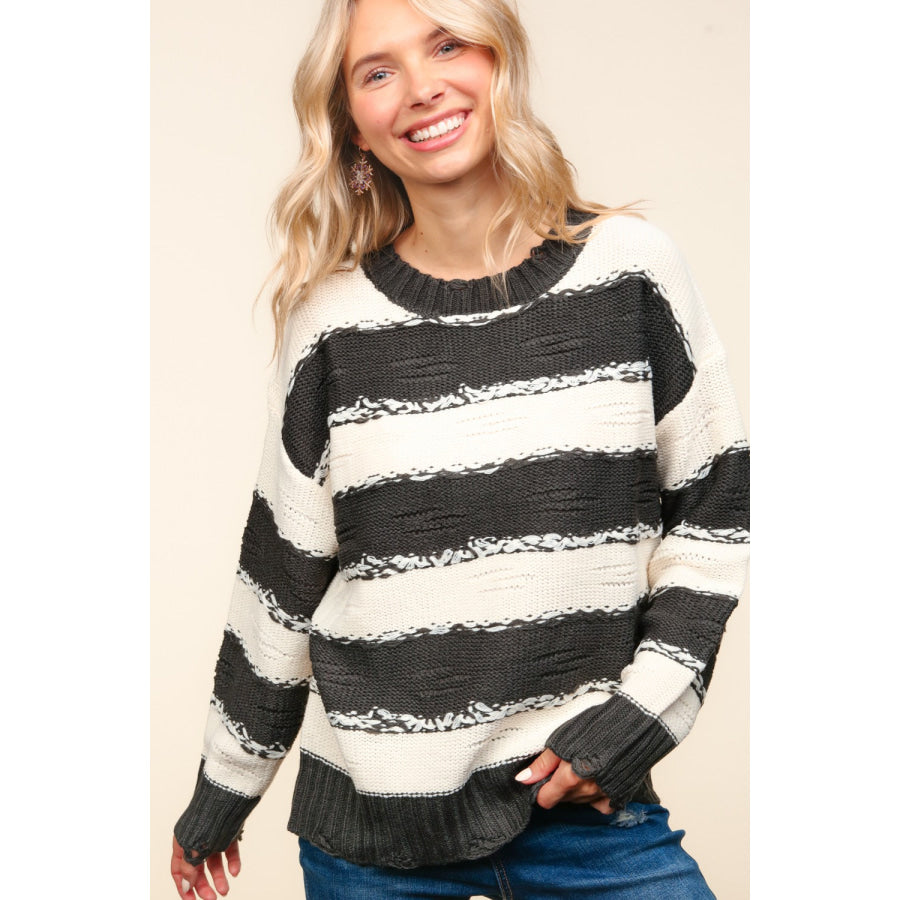 Haptics Striped Contrast Distressed Sweater Apparel and Accessories