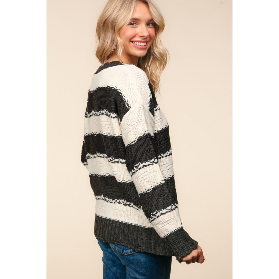 Haptics Striped Contrast Distressed Sweater Apparel and Accessories