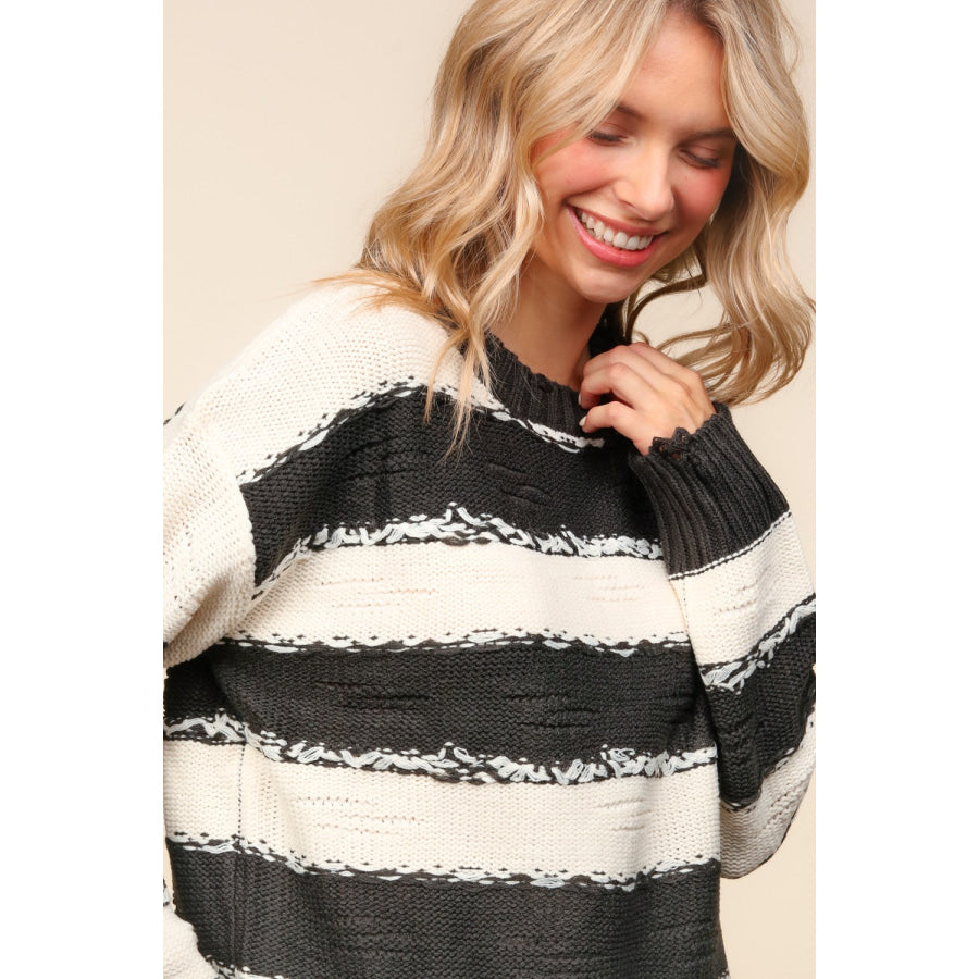 Haptics Striped Contrast Distressed Sweater Apparel and Accessories