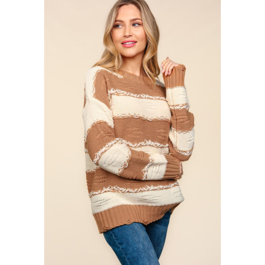 Haptics Striped Contrast Distressed Sweater Apparel and Accessories