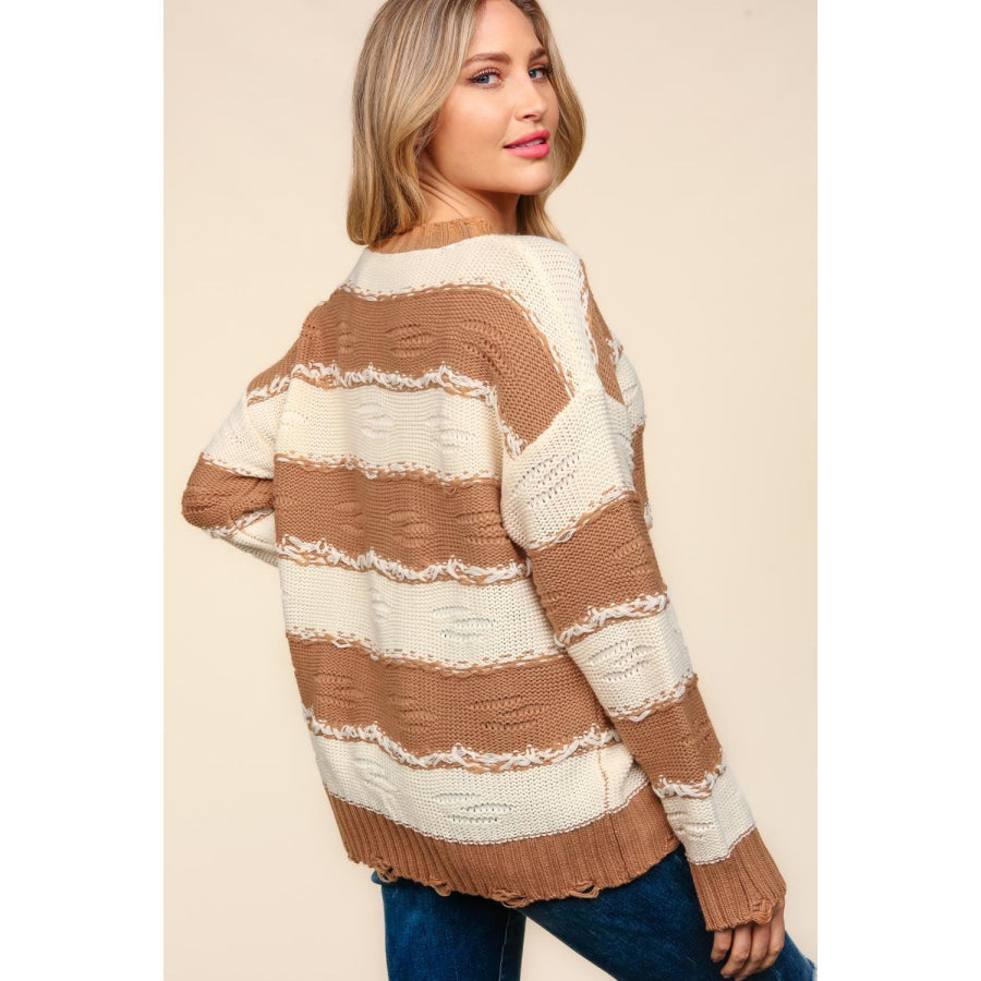 Haptics Striped Contrast Distressed Sweater Apparel and Accessories