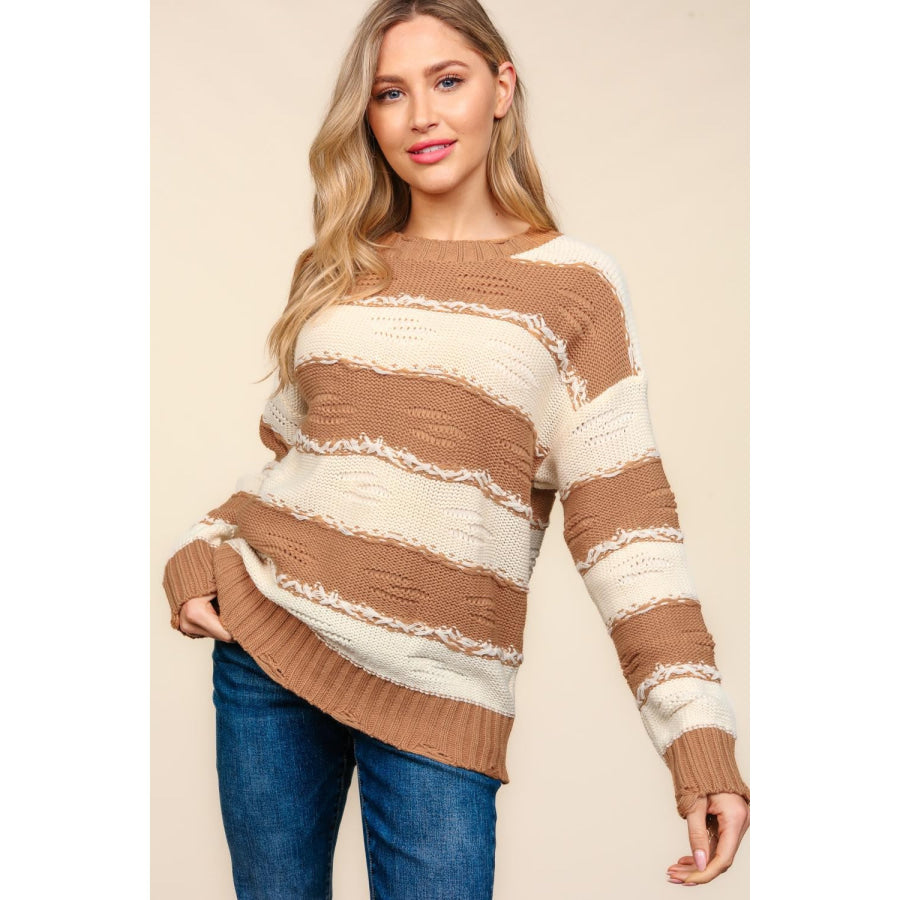 Haptics Striped Contrast Distressed Sweater Camel/Ivory / S Apparel and Accessories