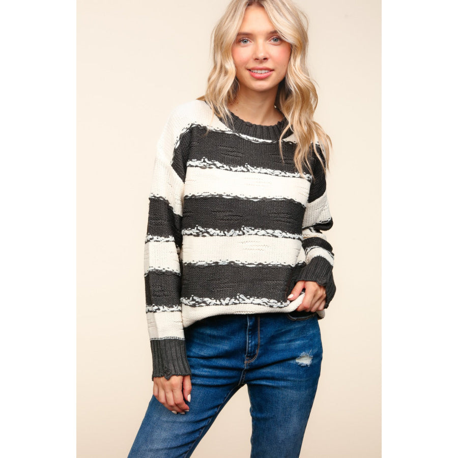 Haptics Striped Contrast Distressed Sweater Charcoal/Ivory / S Apparel and Accessories