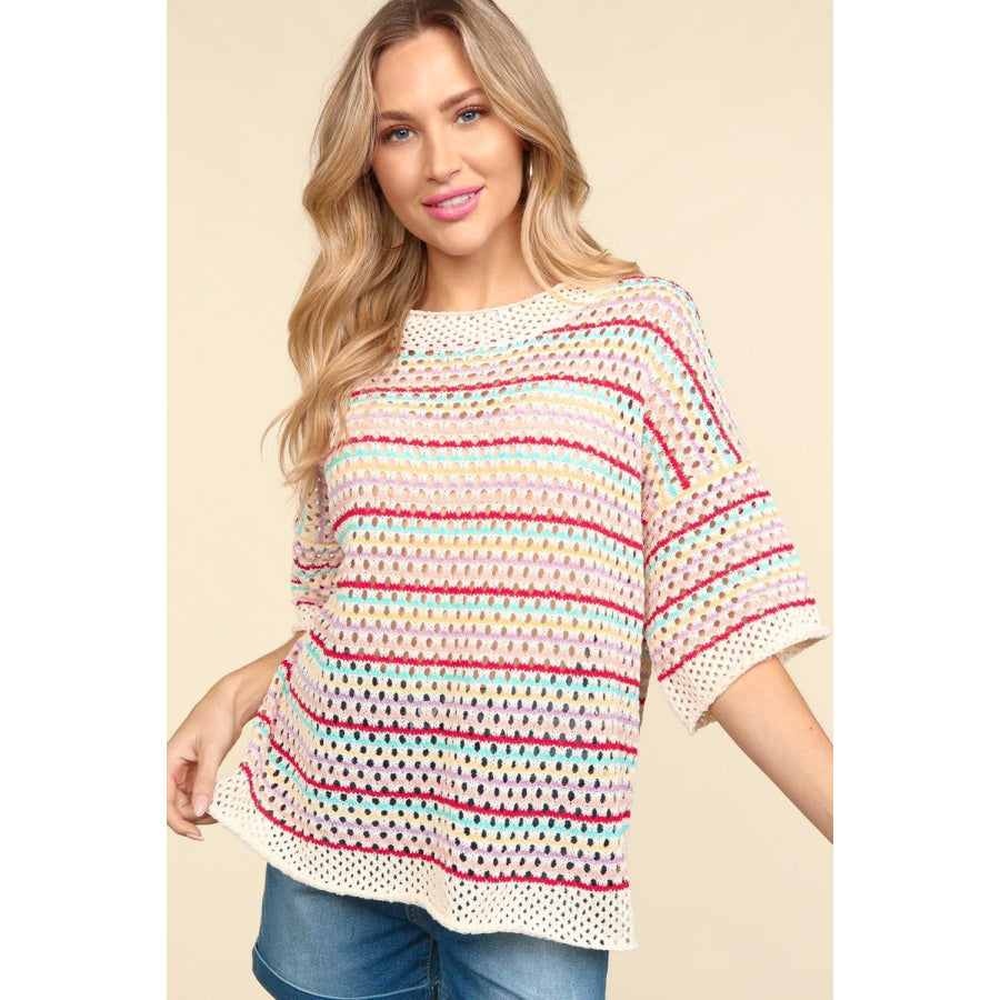 Haptics Striped Crochet Drop Shoulder Knit Top Oatmeal/Red/Lavender / S Apparel and Accessories