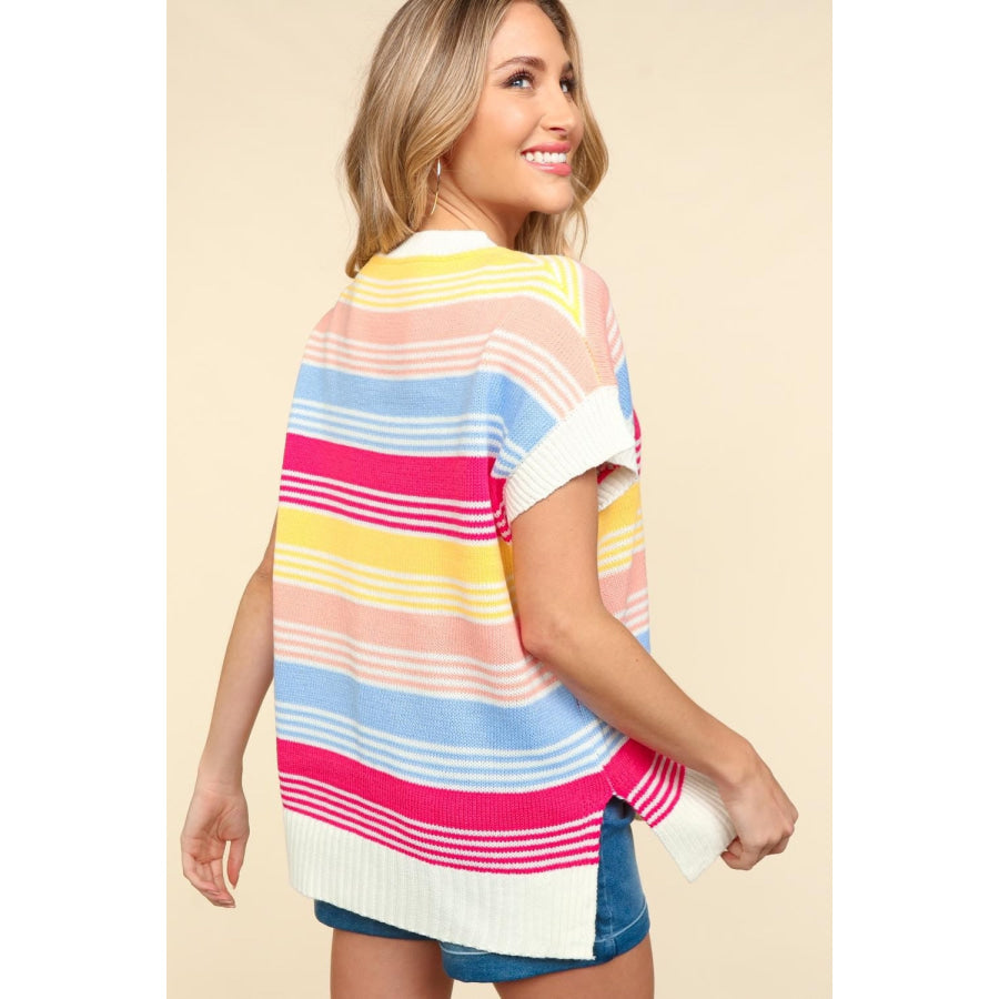 Haptics Striped Side Slit Short Sleeve Knit Top Blue/Fuchsia/Yellow / S Apparel and Accessories