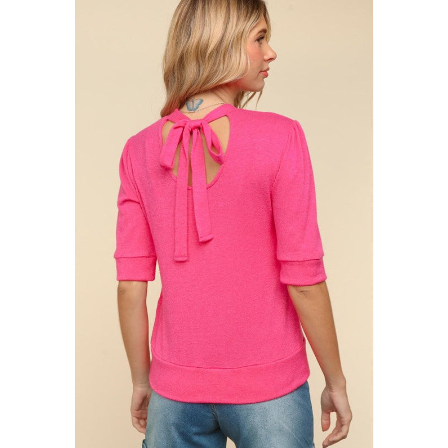 Haptics Tied Back Mock Neck Half Sleeve Knit Top Hot Pink / S Apparel and Accessories