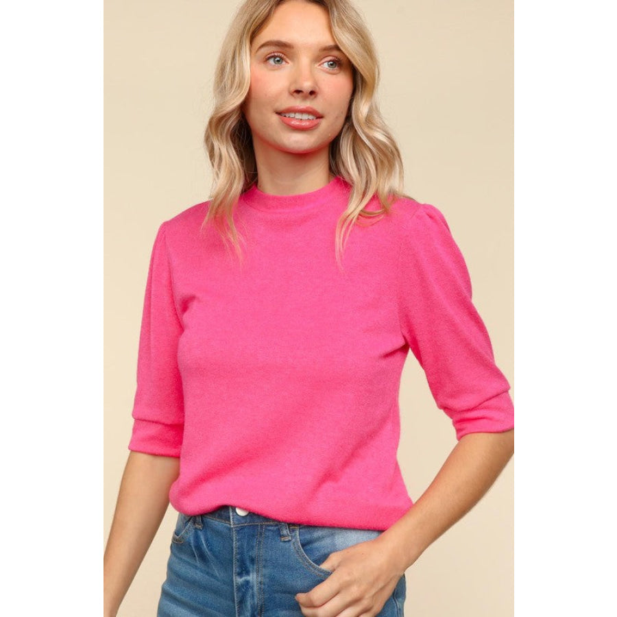 Haptics Tied Back Mock Neck Half Sleeve Knit Top Apparel and Accessories