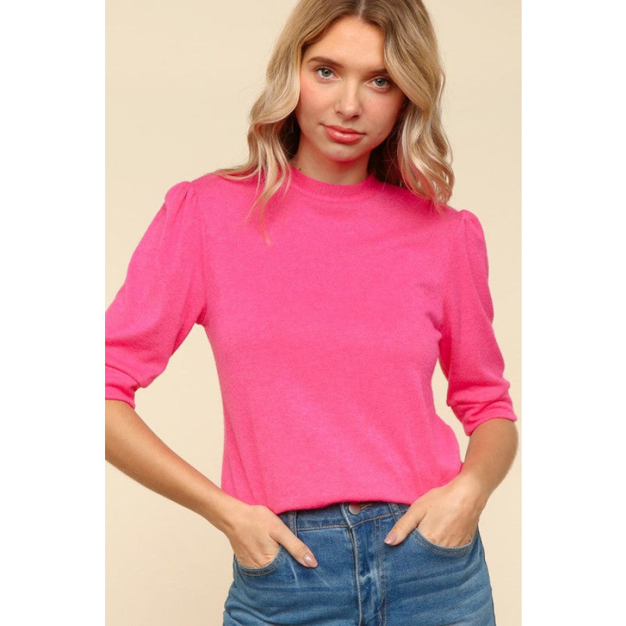 Haptics Tied Back Mock Neck Half Sleeve Knit Top Hot Pink / S Apparel and Accessories