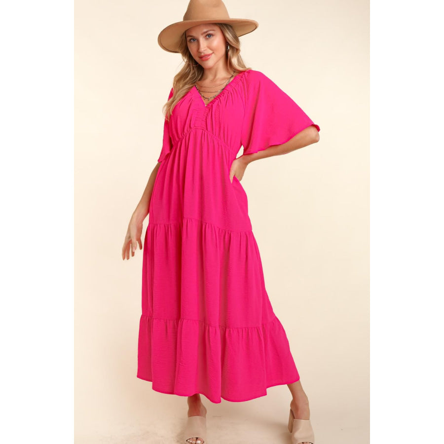 Haptics Tiered Babydoll Maxi Dress with Side Pocket Hot Pink / S Apparel and Accessories