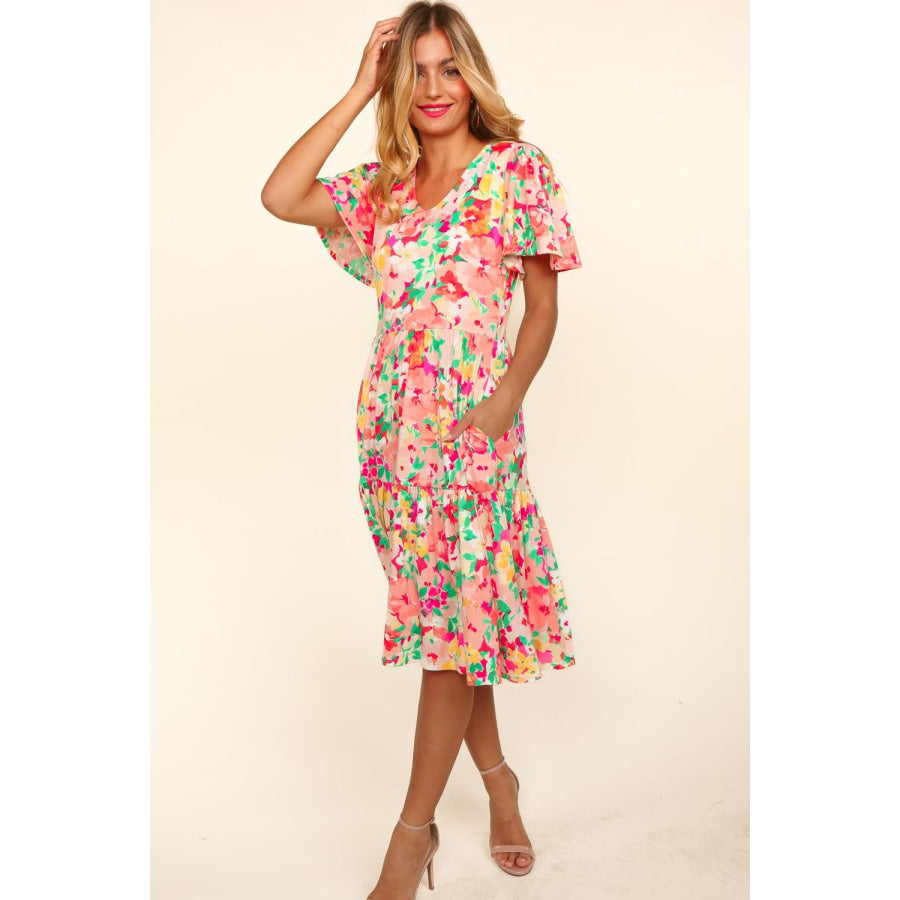 Haptics Tiered Floral Midi Dress with Pockets Apparel and Accessories