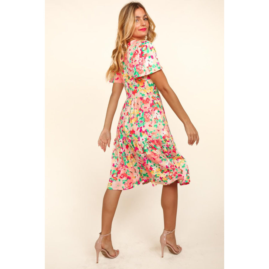 Haptics Tiered Floral Midi Dress with Pockets Fuchsia/Peach / S Apparel and Accessories
