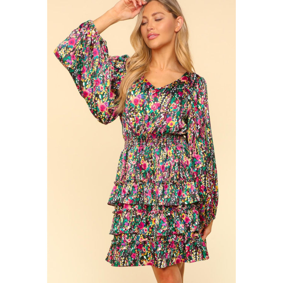 Haptics V-Neck Satin Floral Layered Dress Apparel and Accessories