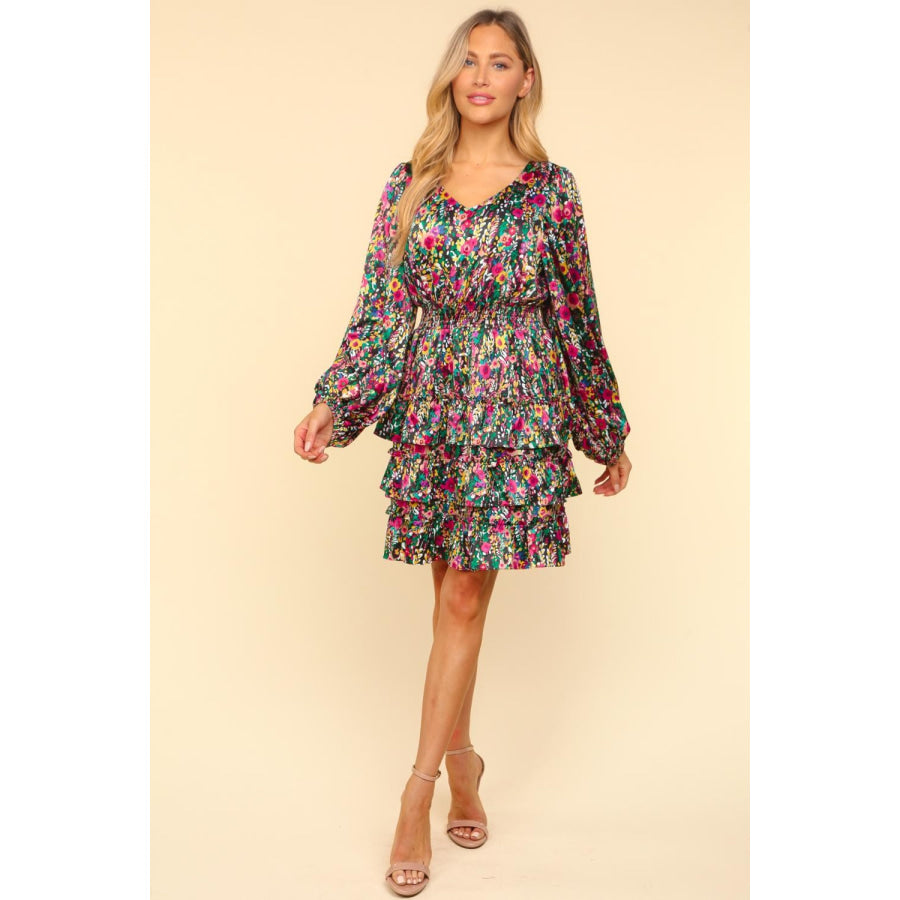 Haptics V-Neck Satin Floral Layered Dress Apparel and Accessories