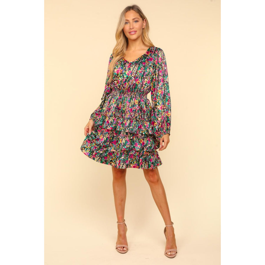 Haptics V-Neck Satin Floral Layered Dress Multi / S Apparel and Accessories