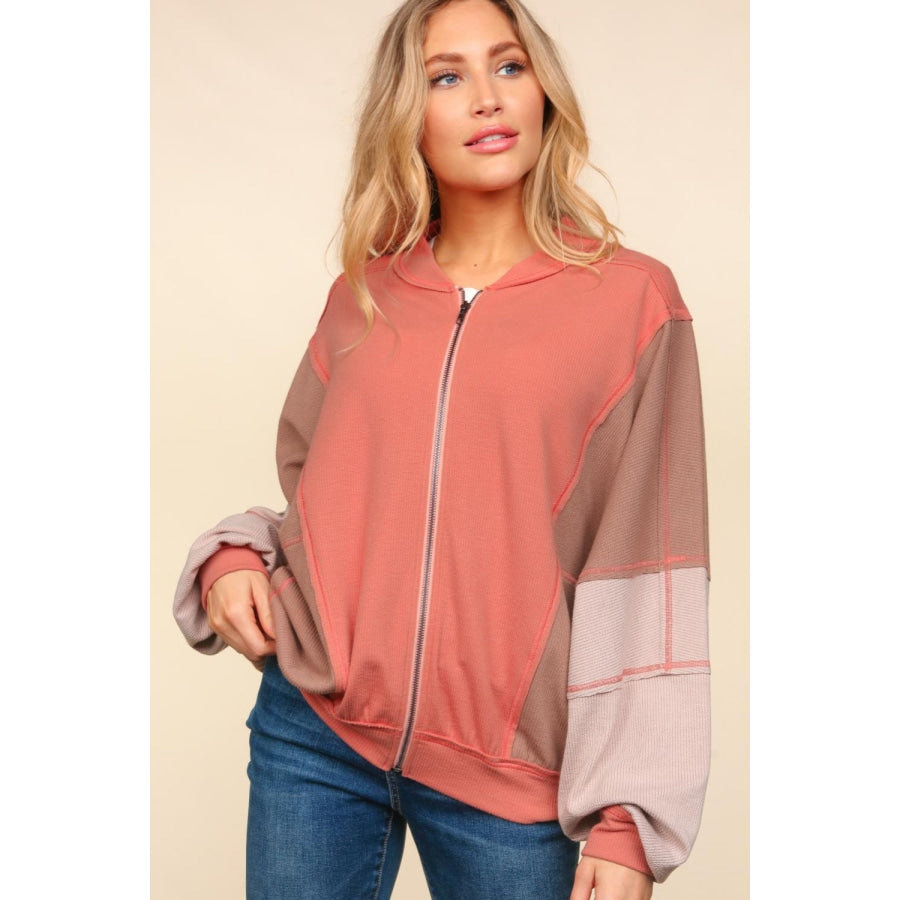 Haptics Zip Up Color Block Bomber Jacket with Side Pockets Sienna/Camel/Sand / S Apparel and Accessories