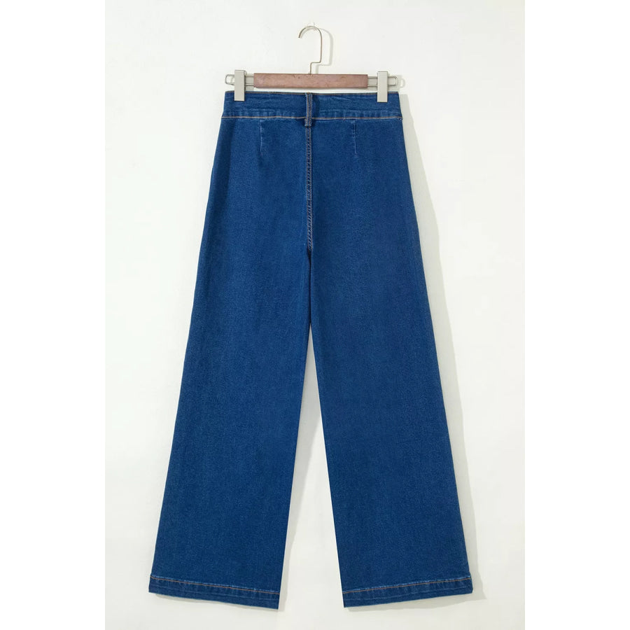 Hardware Decor Patched Pockets Wide Leg Jeans Apparel and Accessories