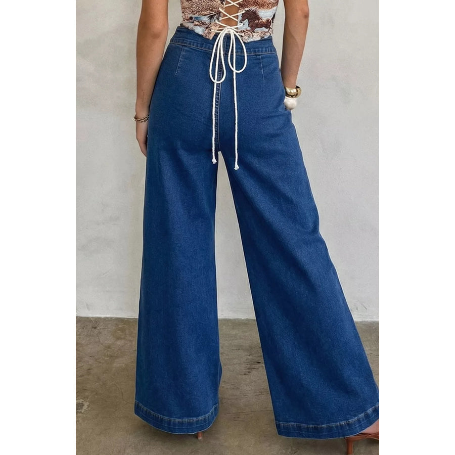 Hardware Decor Patched Pockets Wide Leg Jeans Apparel and Accessories