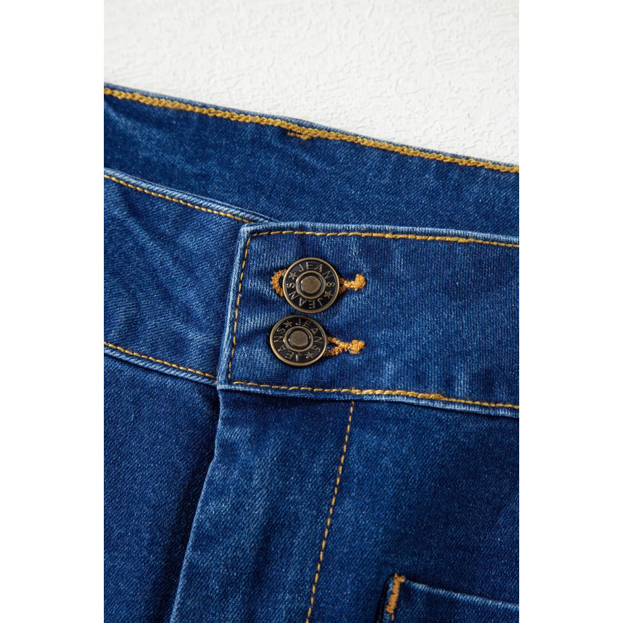 Hardware Decor Patched Pockets Wide Leg Jeans Apparel and Accessories