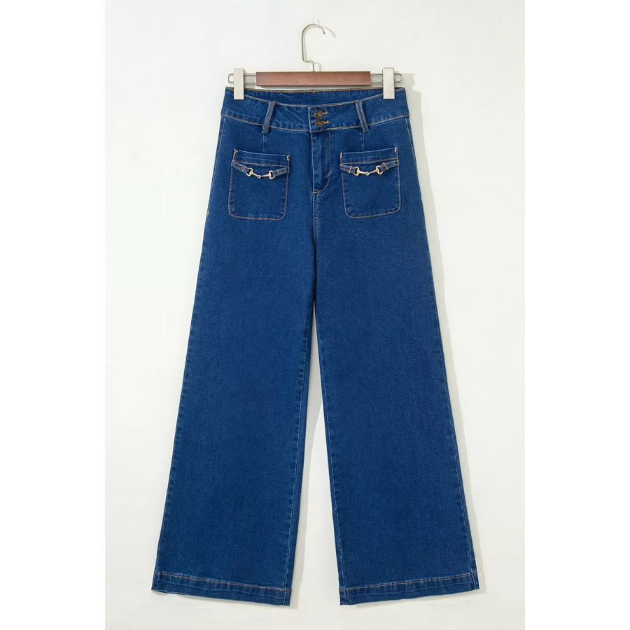 Hardware Decor Patched Pockets Wide Leg Jeans Apparel and Accessories