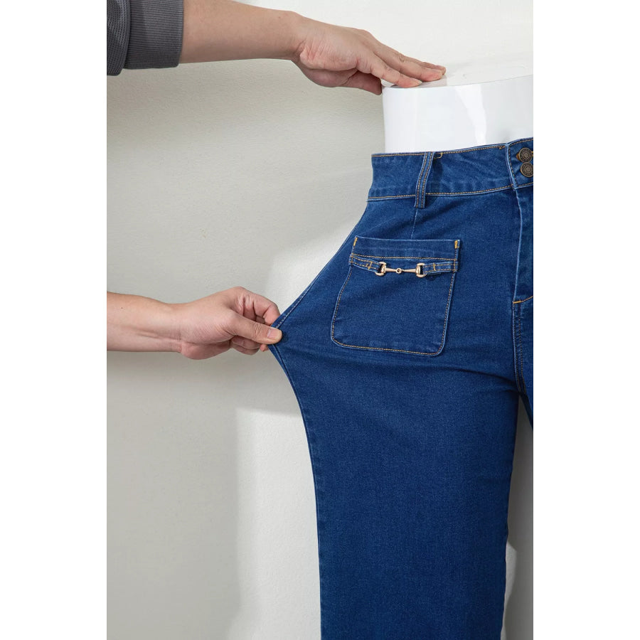 Hardware Decor Patched Pockets Wide Leg Jeans Apparel and Accessories