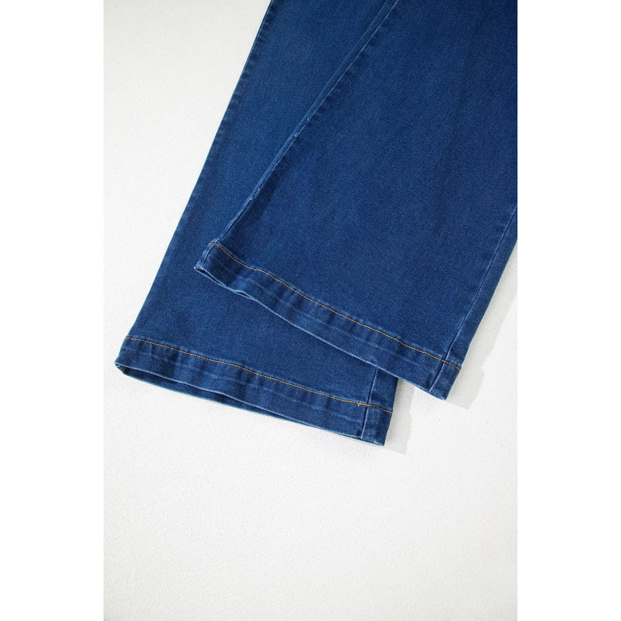 Hardware Decor Patched Pockets Wide Leg Jeans Apparel and Accessories
