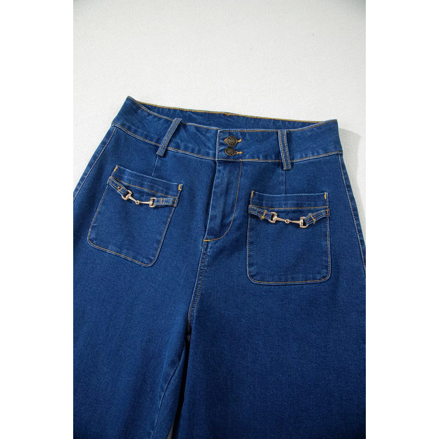 Hardware Decor Patched Pockets Wide Leg Jeans Apparel and Accessories