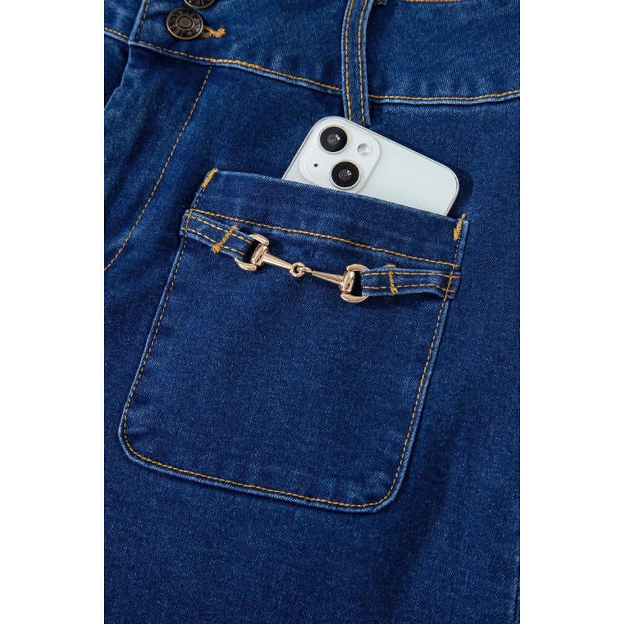 Hardware Decor Patched Pockets Wide Leg Jeans Apparel and Accessories