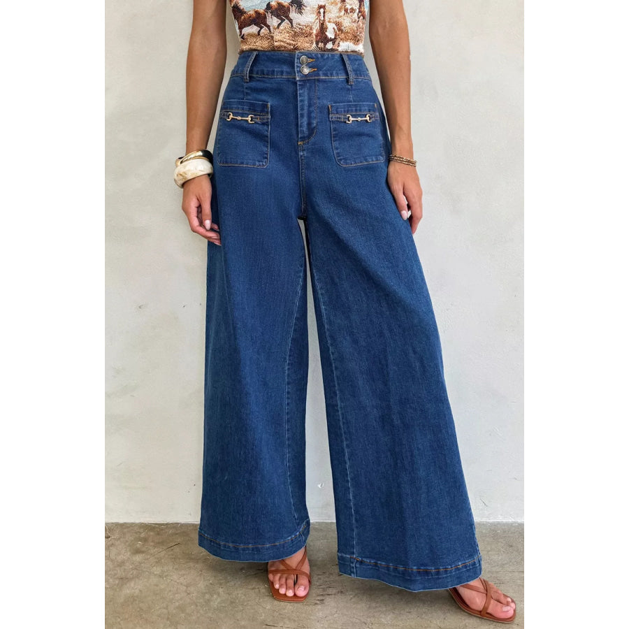 Hardware Decor Patched Pockets Wide Leg Jeans Navy / 4 Apparel and Accessories