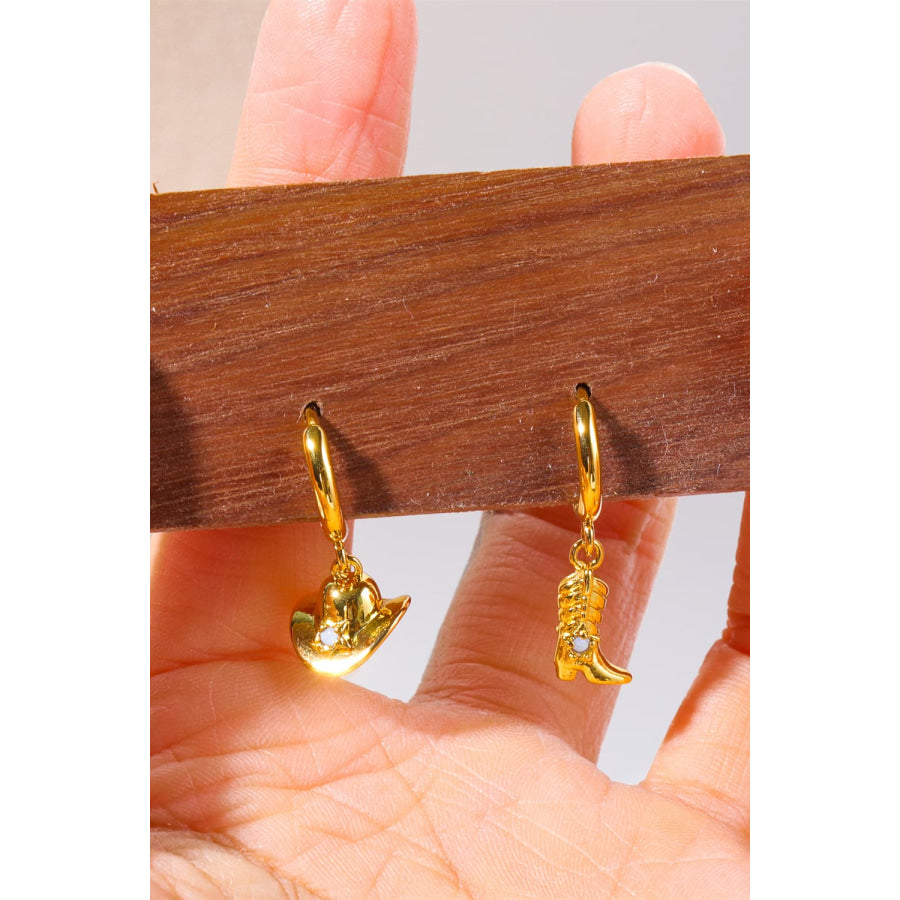 Hat &amp; Boot Shape Asymmetrical Copper 14K Gold Plated Earrings Apparel and Accessories