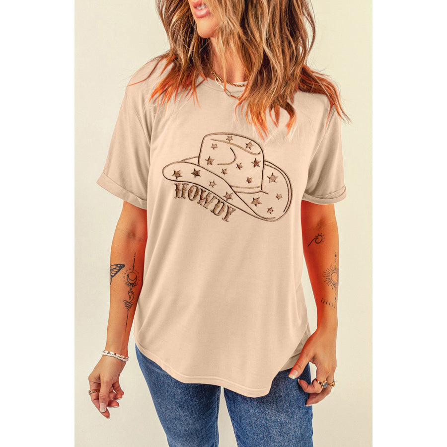 Hat Graphic Round Neck Short Sleeve T-Shirt Tan / S Apparel and Accessories