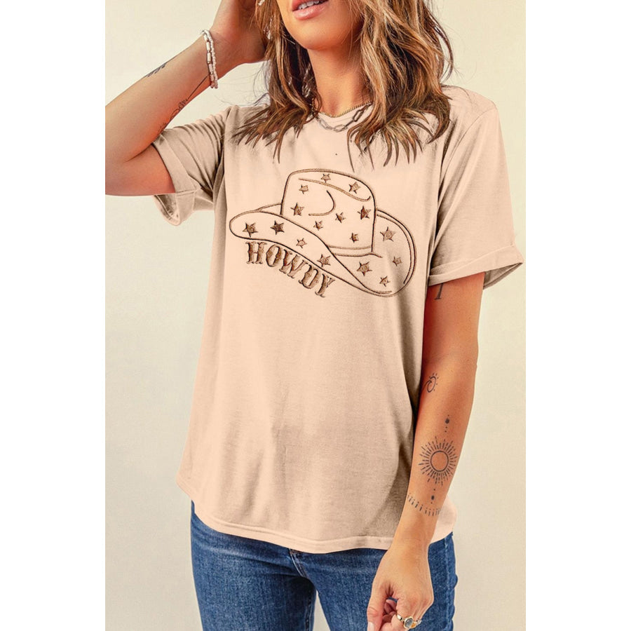 Hat Graphic Round Neck Short Sleeve T-Shirt Tan / S Apparel and Accessories