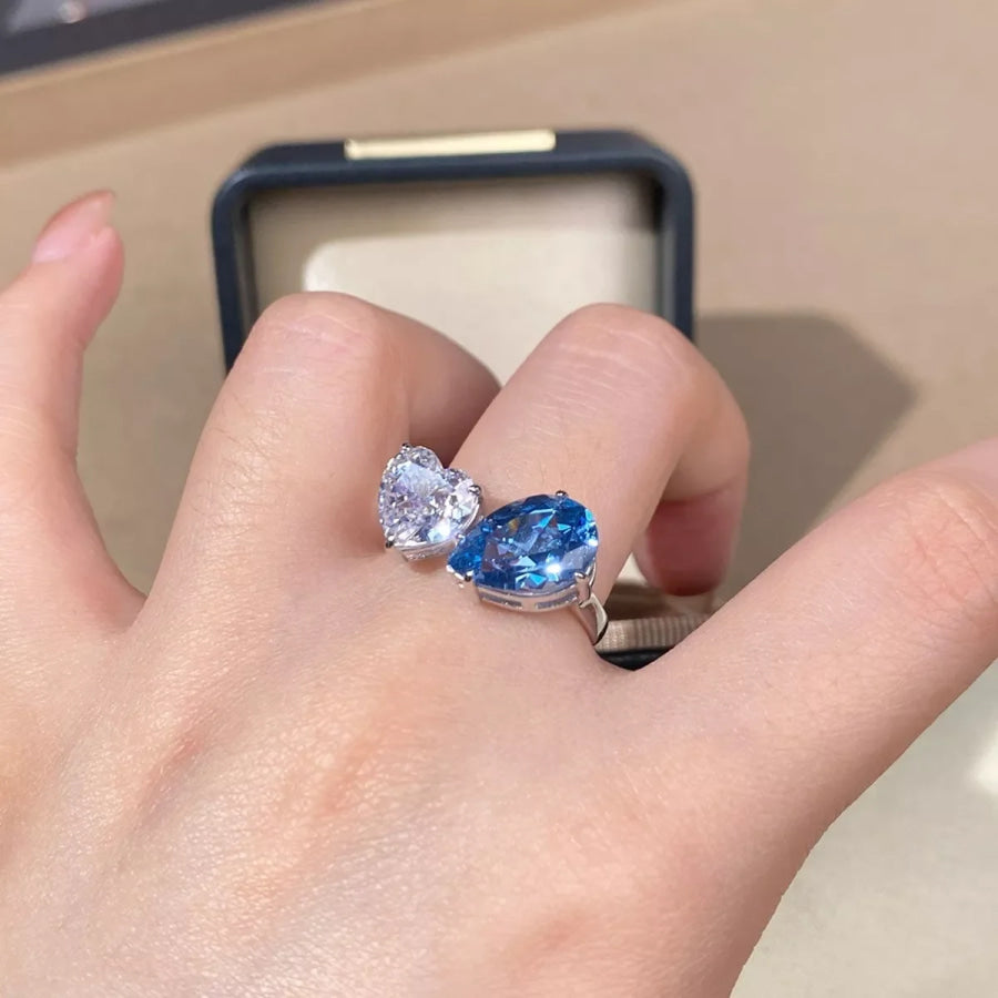 Heart and Teardrop Shaped Dual-Stone Open Ring Blue / One Size Apparel and Accessories