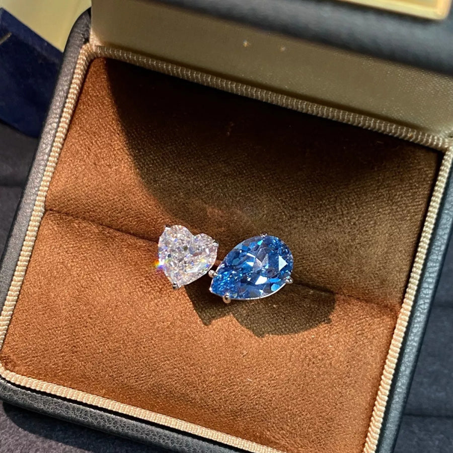 Heart and Teardrop Shaped Dual-Stone Open Ring Blue / One Size Apparel and Accessories