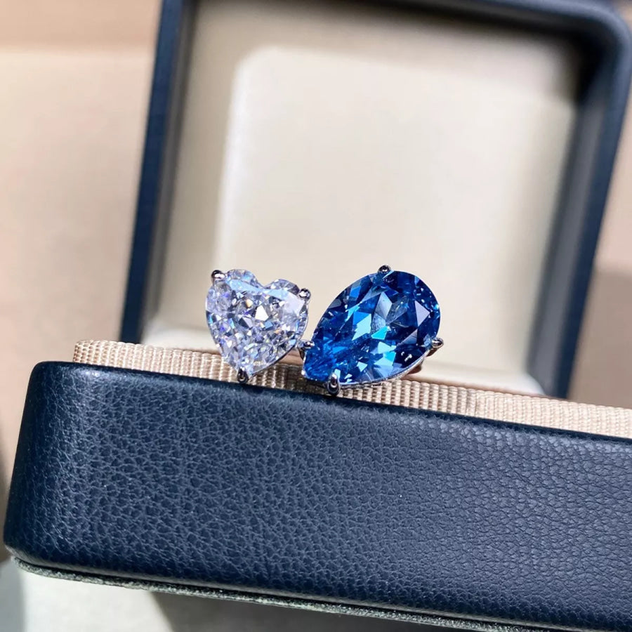 Heart and Teardrop Shaped Dual-Stone Open Ring Blue / One Size Apparel and Accessories