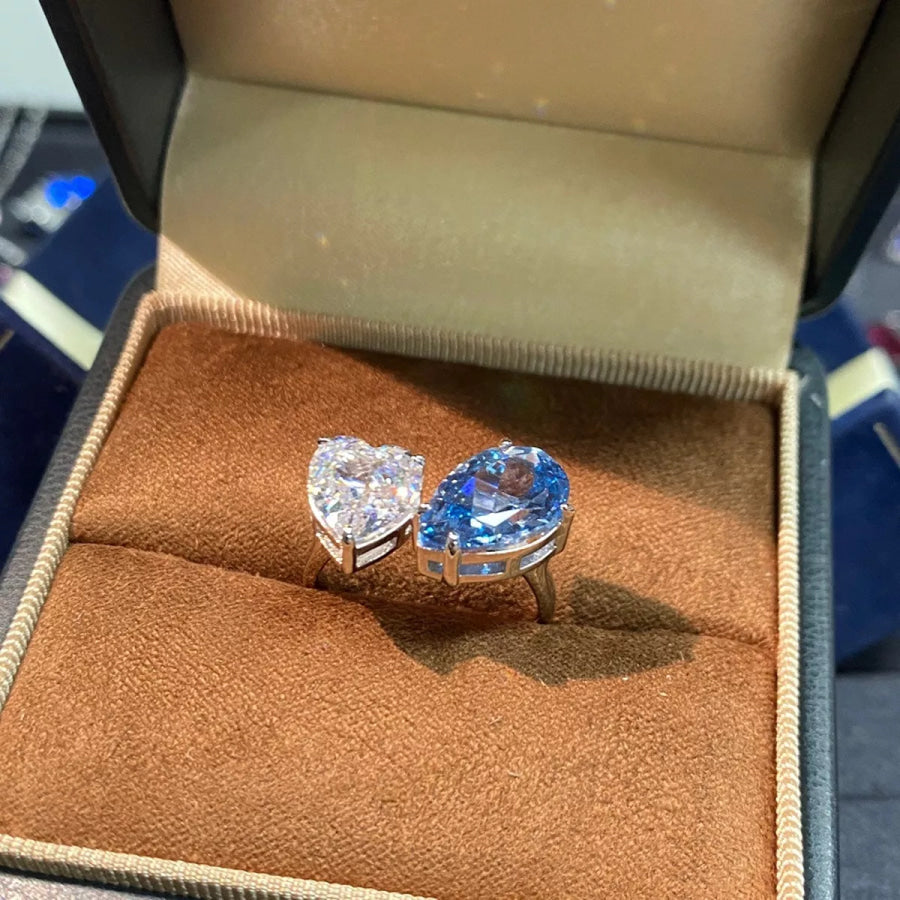 Heart and Teardrop Shaped Dual-Stone Open Ring Blue / One Size Apparel and Accessories