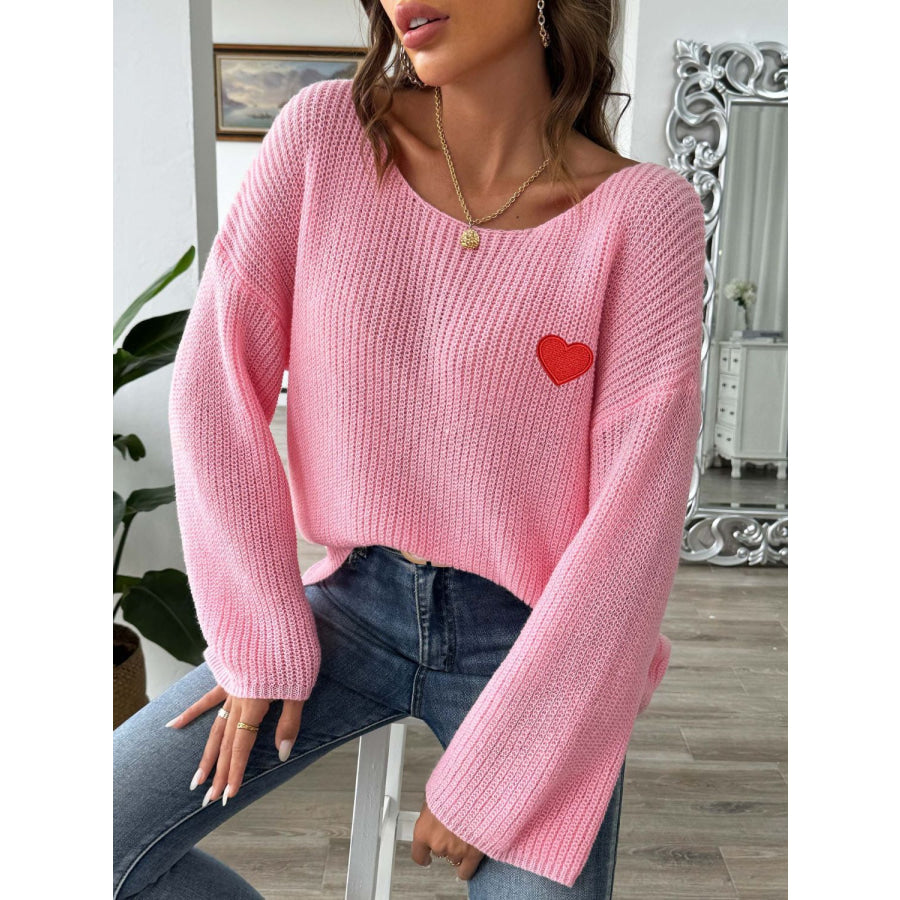 Heart Boat Neck Dropped Shoulder Sweater Apparel and Accessories