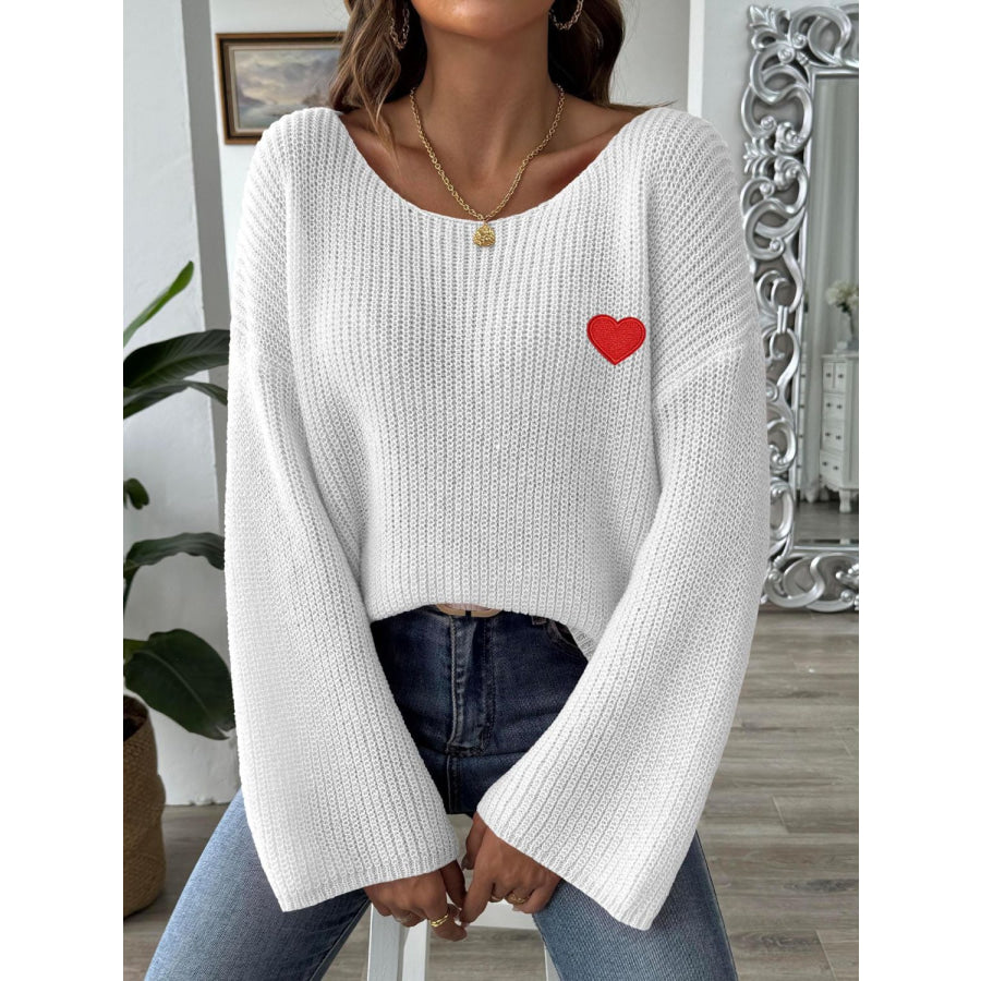 Heart Boat Neck Dropped Shoulder Sweater Apparel and Accessories