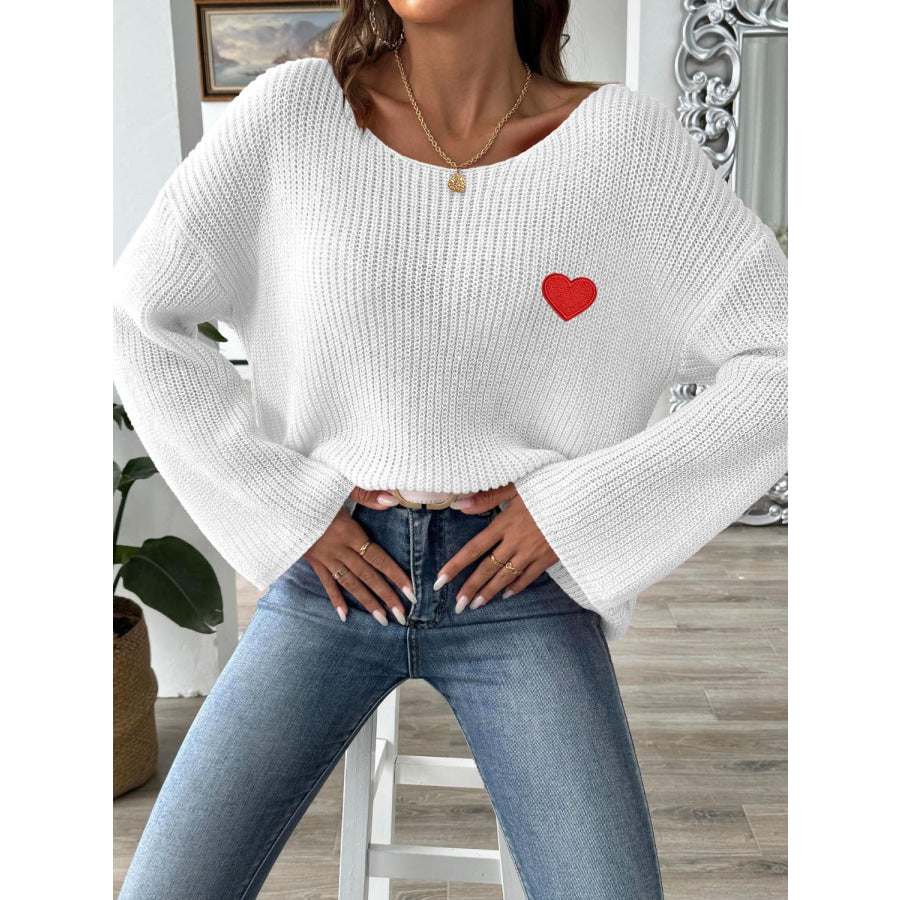 Heart Boat Neck Dropped Shoulder Sweater Apparel and Accessories