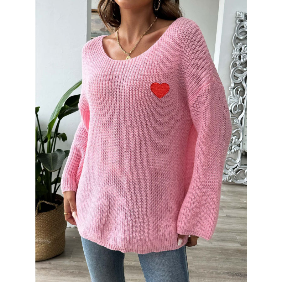 Heart Boat Neck Dropped Shoulder Sweater Apparel and Accessories