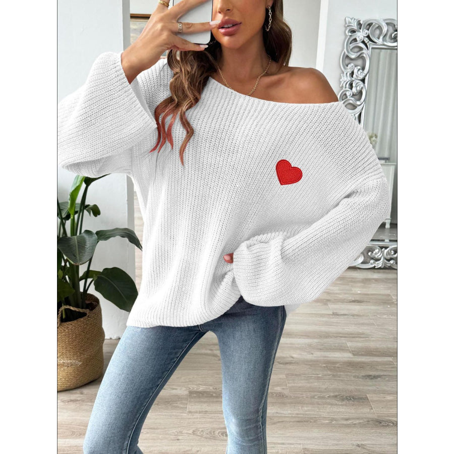 Heart Boat Neck Dropped Shoulder Sweater Apparel and Accessories