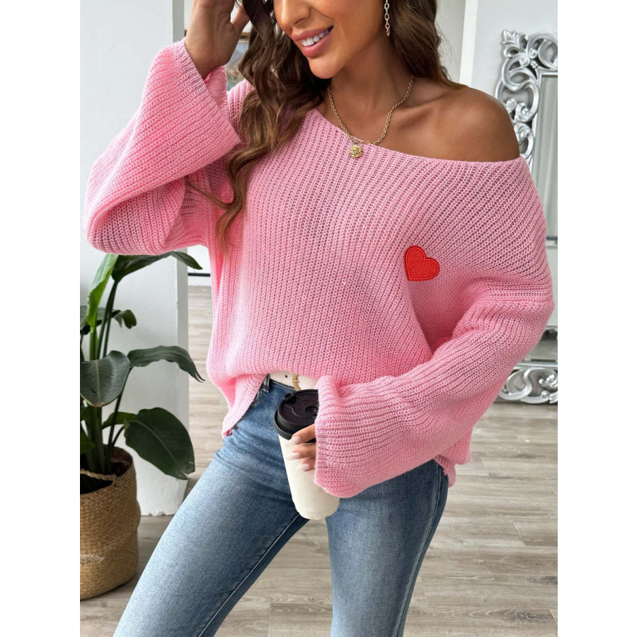 Heart Boat Neck Dropped Shoulder Sweater Apparel and Accessories